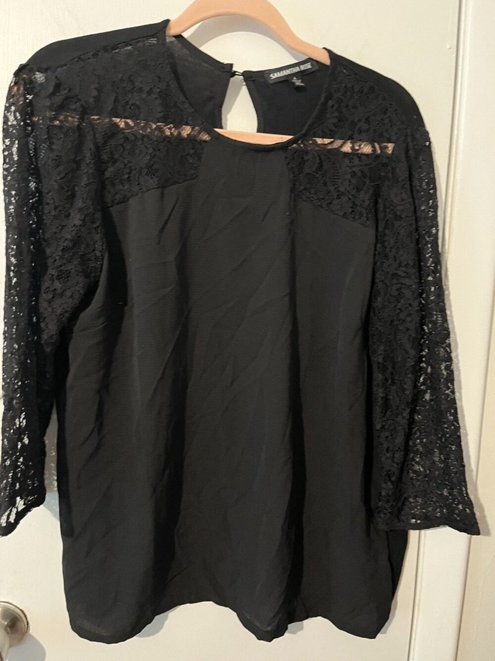 SAMANTHA ROSE BLACK LACE 3/4 SLEEVE BLOUSE SZ L